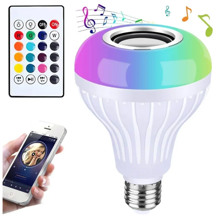 Színes LED izzó hangszóró funkcióval (3 W), távirányítóval, bluetooth, 12 szín, 7 W, 13cm x 9cm, fehér
