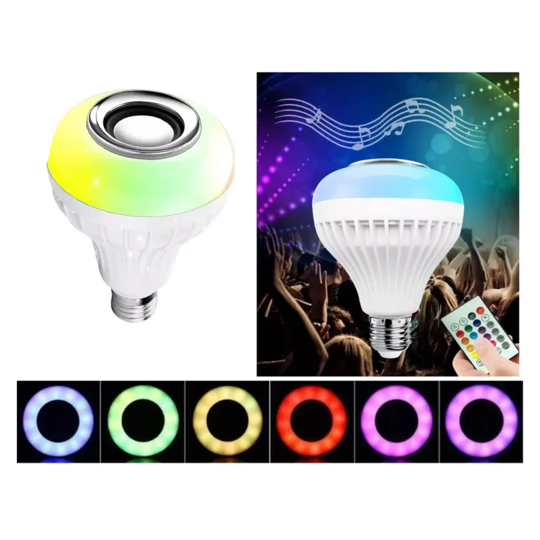 Színes LED izzó hangszóró funkcióval (3 W), távirányítóval, bluetooth, 12 szín, 7 W, 13cm x 9cm, fehér
