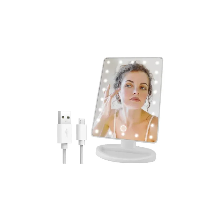 Dönthető asztali tükör LED-világítással, USB töltés, 16,5x27x12 cm, fehér