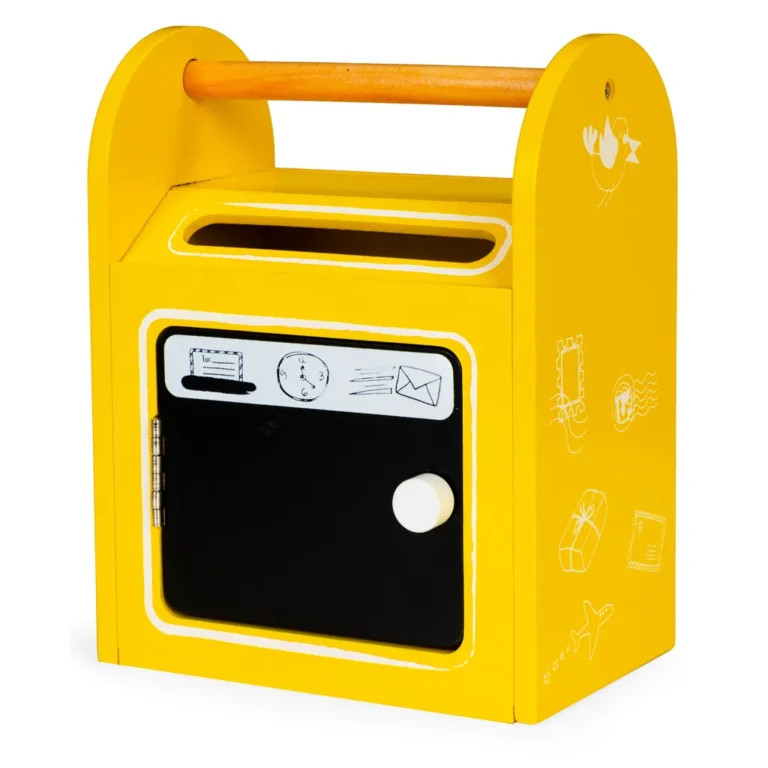 Fa játék postaláda krétatáblával, 24×18,5×13,5 cm, sárga