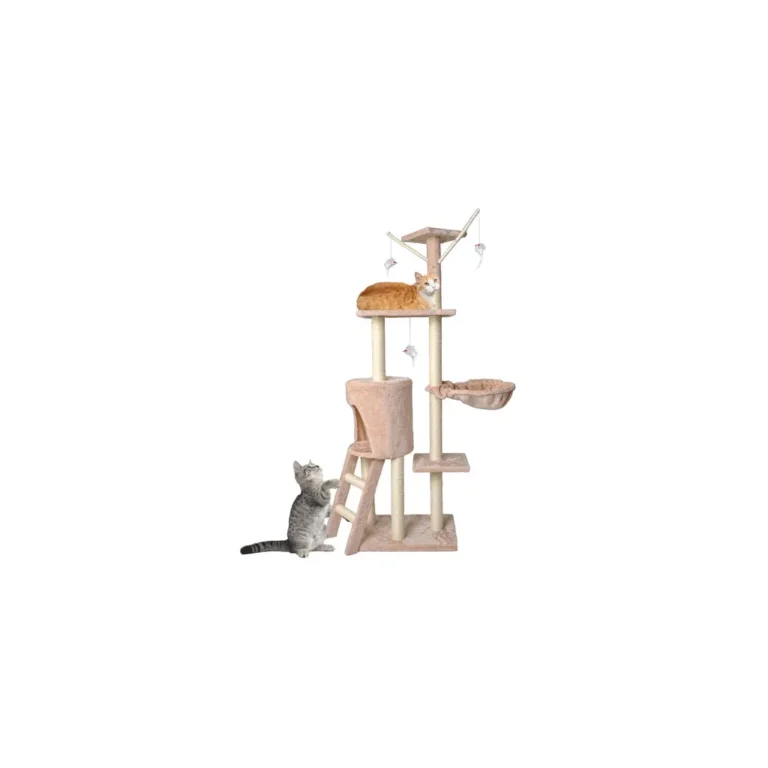 Játékotorony macskáknak sisal kötélrúddal, házzal, 5 szint, 139x49 cm, 3 db játék, bézs