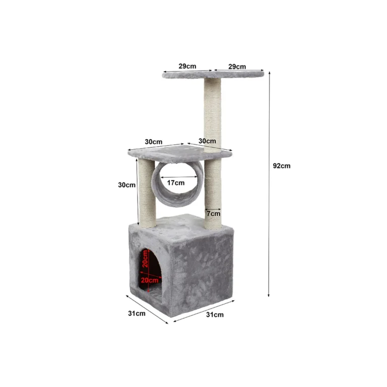 Játéktorony macskáknak 3 szinttel, házzal, játékkal, kaparófával, 92cm, szürke-bézs