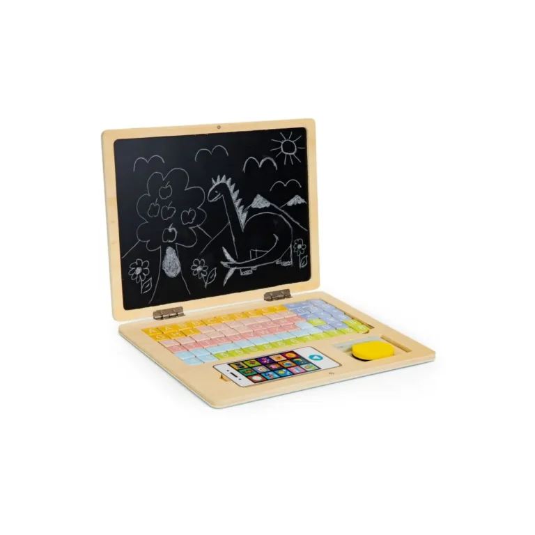 Játék fa laptop és telefon mágneses táblával, betűkkel, 30x22 cm, fehér