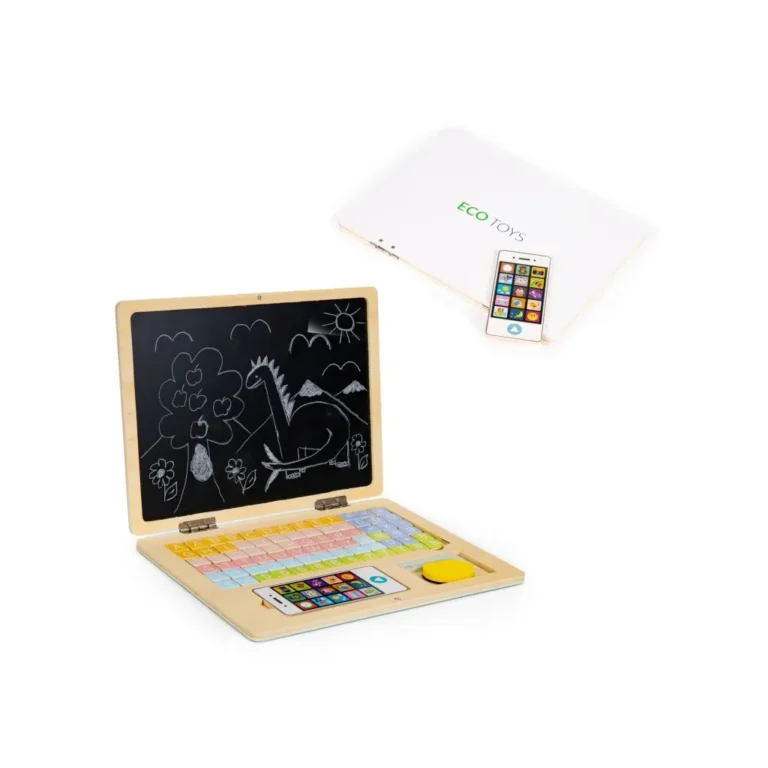 Játék fa laptop és telefon mágneses táblával, betűkkel, 30x22 cm, fehér