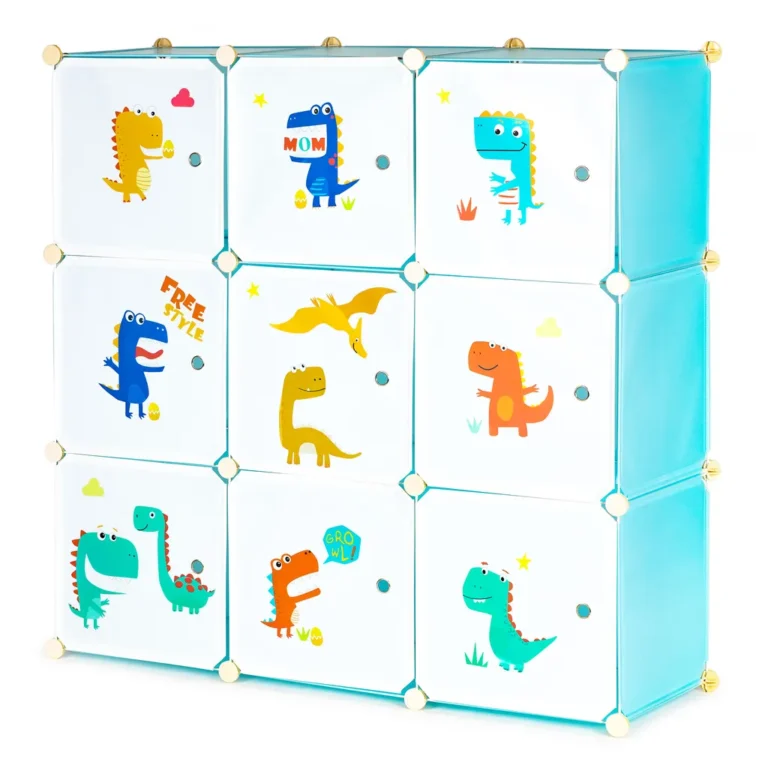 ModernHome 9 ajtós moduláris gyerekmintás polcos szekrény 9 rekesszel, 109 x 109 x 37 cm, kék alapon mintás