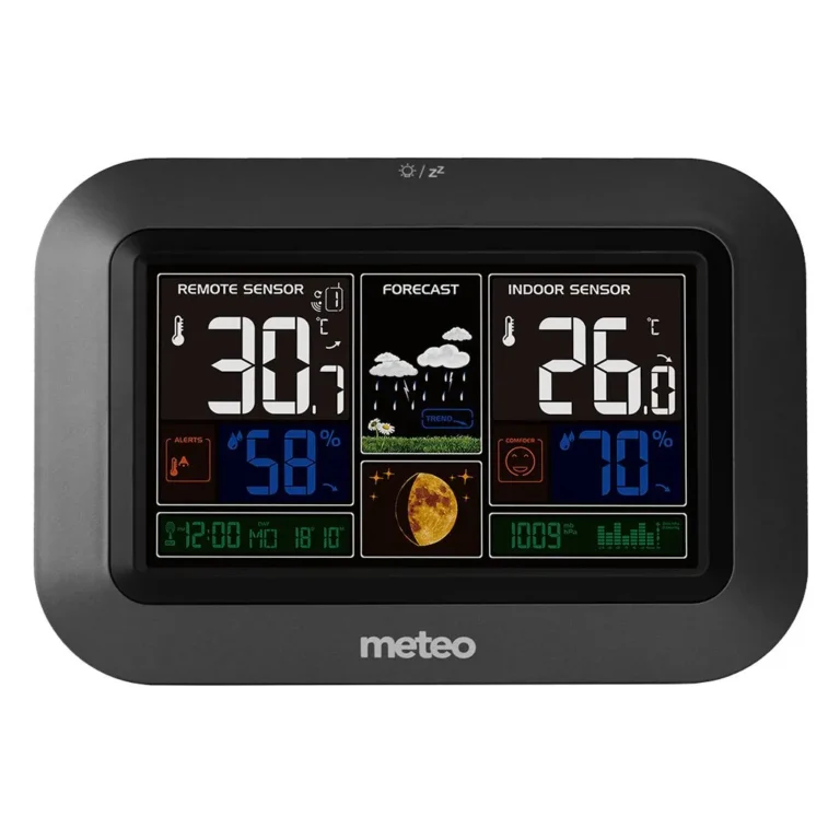 METEO SP80T Időjárás-Állomás: vezeték nélküli hőmérséklet- és páratartalom mérő, hasznos funkciókkal, fekete