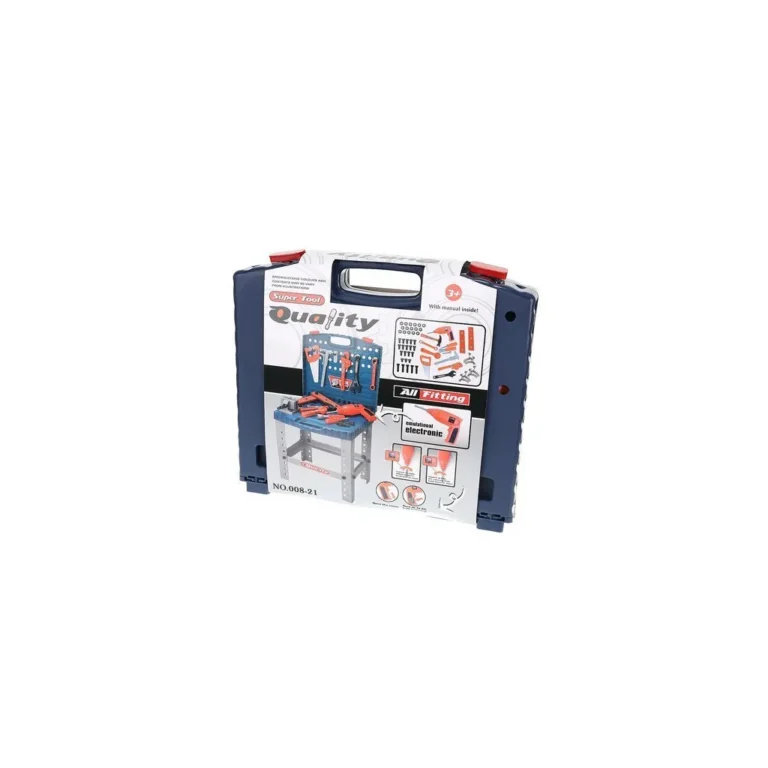 Mini műhely játék gyerekeknek, bőrönd típusú munkapad, szerszámokkal és tartozékokkal, 70x40 cm, 67 db