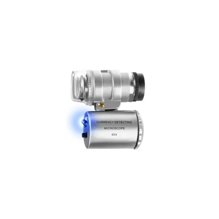 Mini zsebmikroszkóp, LED és UV világítás, 60X, ökológiai bőrtok, 3,6×3,7cm