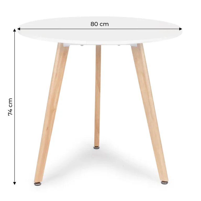 Modern kör alakú étkezőasztal fa lábakkal, 80 cm, fehér-fa szín