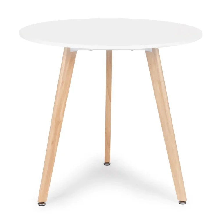 Modern kör alakú étkezőasztal fa lábakkal, 80 cm, fehér-fa szín