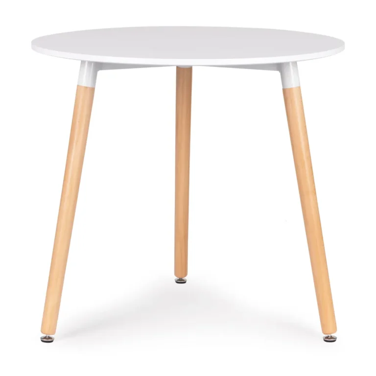 Modern kör alakú étkezőasztal bükkfa lábakkal, 80 cm, fehér-fa szín