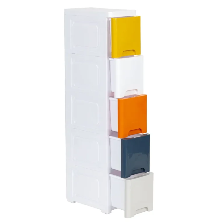5 emeletes, fiókos tárolószekrény kerekeken, műanyag, élénk színes, 83x32x18 cm