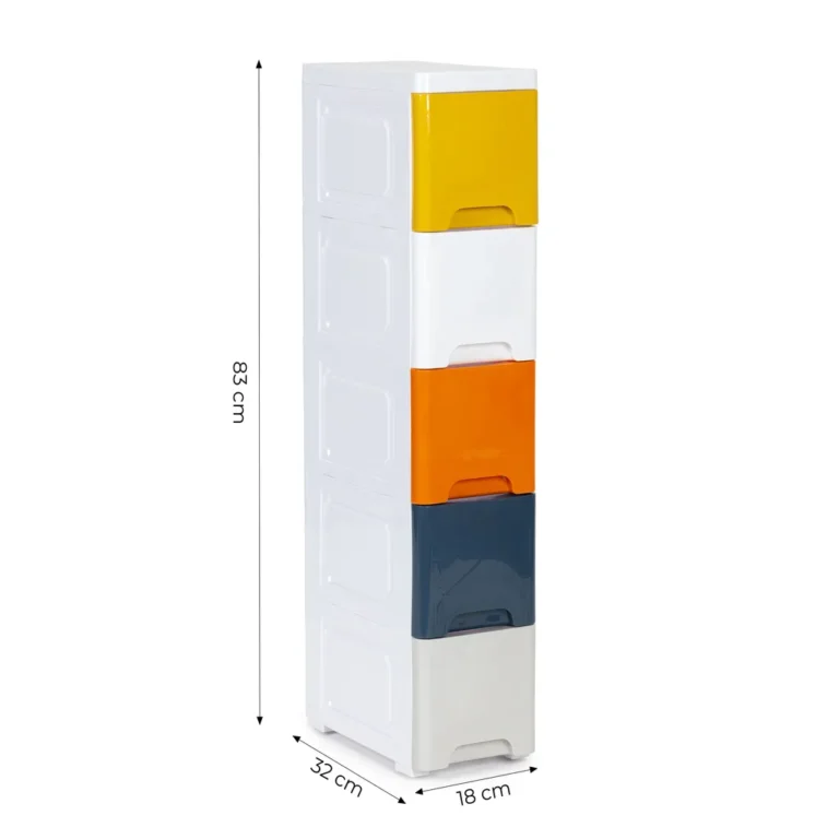 5 emeletes, fiókos tárolószekrény kerekeken, műanyag, élénk színes, 83x32x18 cm