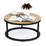 Modern loft típusú kerek dohányzóasztal, 60 cm, fekete-fa szín