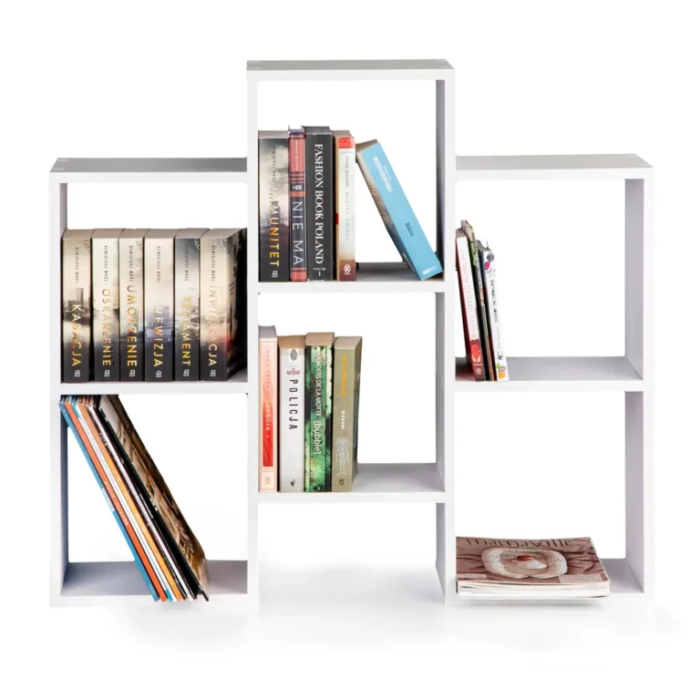 Modern könyvespolc eltolt polcokkal, 85x22x76 cm, fehér