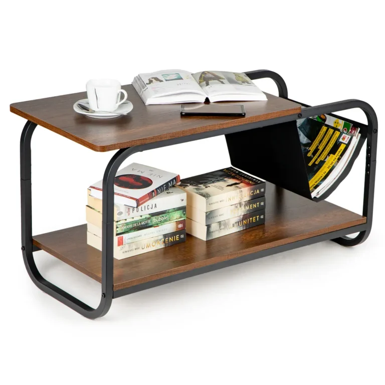 Modern loft stílusú 2 szintes dohányzóasztal újságtartóval, 86.5x40x46 cm, fekete-fa szín
