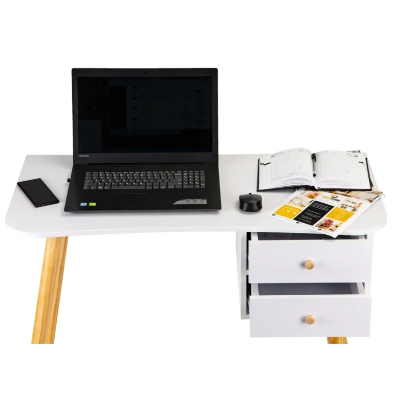 Skandináv stílusú számítógépasztal 2 fiókkal, fehér bútorlap, fa lábak, 100x48x70 cm