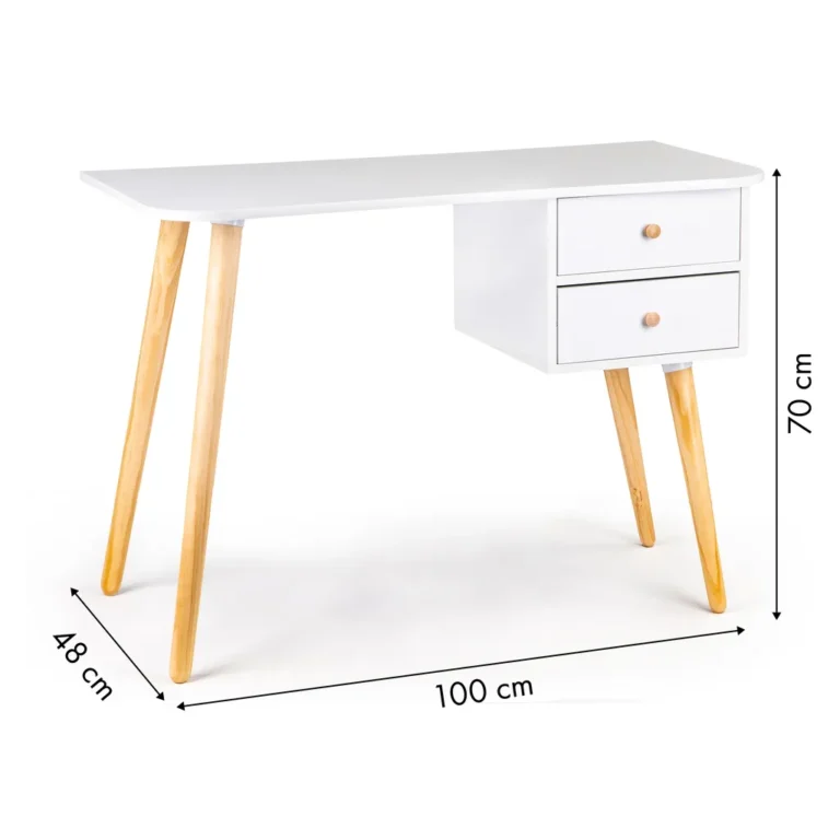 Skandináv stílusú számítógépasztal 2 fiókkal, fehér bútorlap, fa lábak, 100x48x70 cm