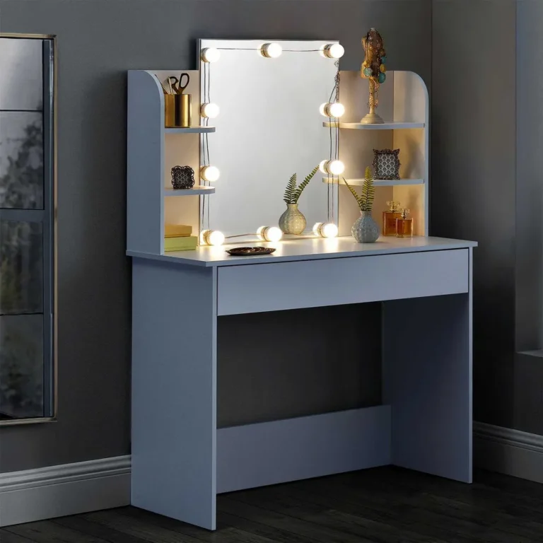 ModernHome Elegáns fésülködő- és sminkasztal tükörrel,széles fiókkal, oldalsó polcokkal és LED világítás opcióval, 108x40x142 cm, fehér
