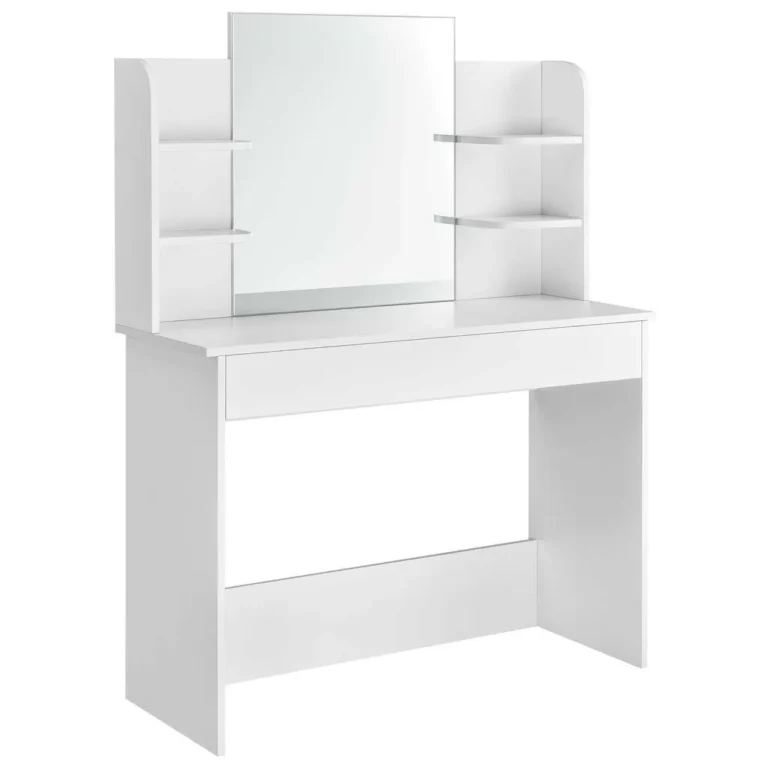 ModernHome Elegáns fésülködő- és sminkasztal tükörrel,széles fiókkal, oldalsó polcokkal és LED világítás opcióval, 108x40x142 cm, fehér