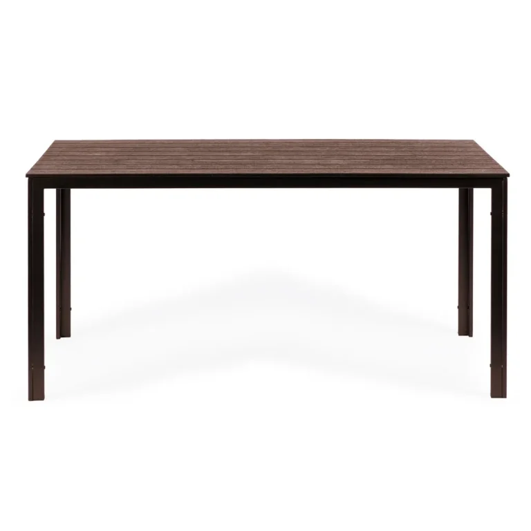 ModernHome Kerti asztal masszív acél kerettel, fa mintázattal, 74x78x156 cm, barna