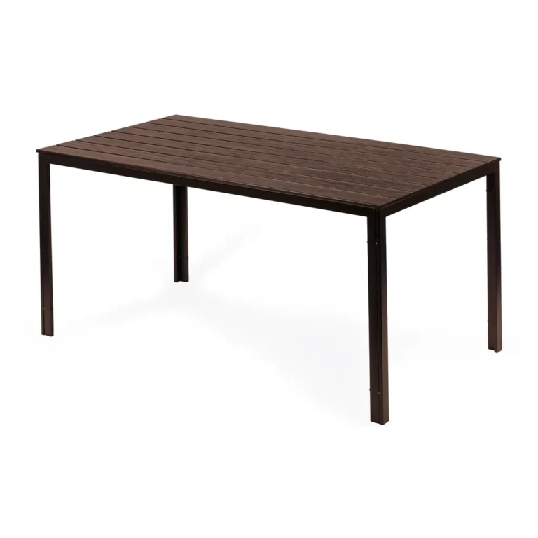 ModernHome Kerti asztal masszív acél kerettel, fa mintázattal, 74x78x156 cm, barna