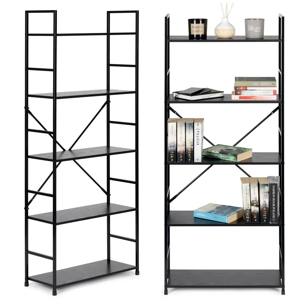 ModernHome LOFT stílusú könyvespolc 5 polccal, 144x23.5x58.5 cm, fekete