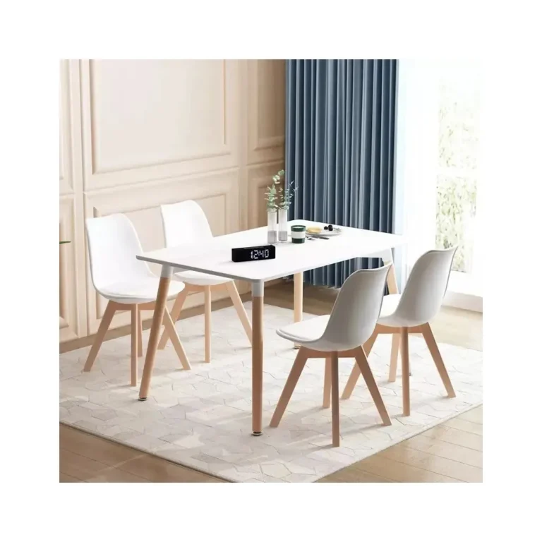 Modern stlusú fehér MDF asztal fenyő lábakkal, 75x80x120 cm