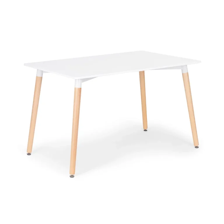 Modern stlusú fehér MDF asztal fenyő lábakkal, 75x80x120 cm