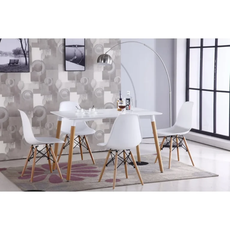 4 db-os modern étkező szék készlet rácsos díszítő elemmel, bükkfa lábakkal, fehér-fa szín