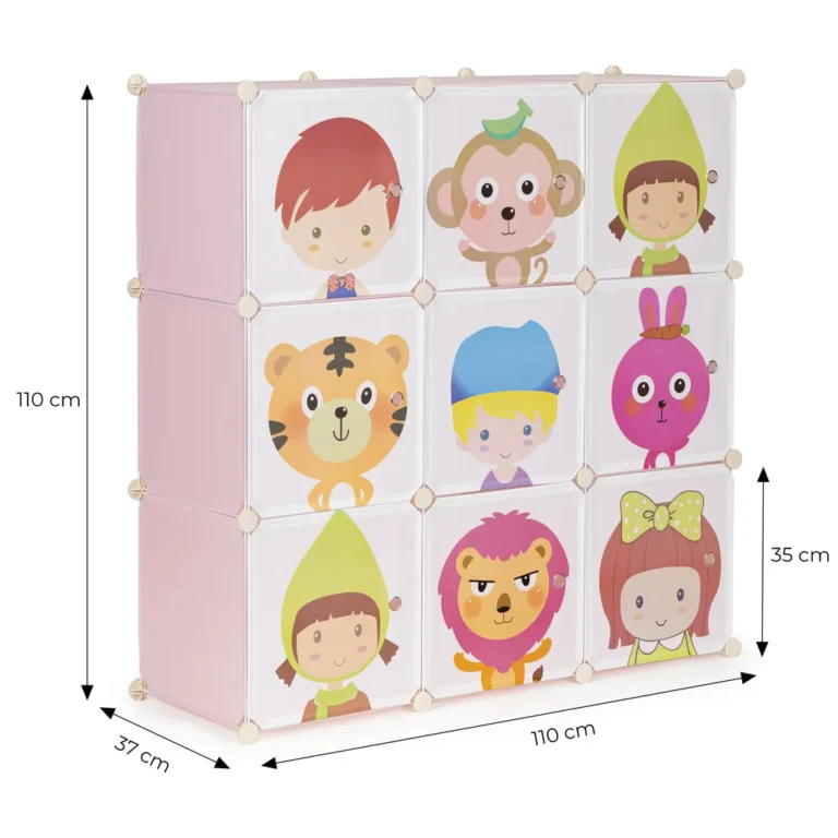 ModernHome 9 ajtós moduláris gyerekmintás polcos szekrény 9 rekesszel, 110 x 110 x 37 cm, rózsaszín alapon mintás