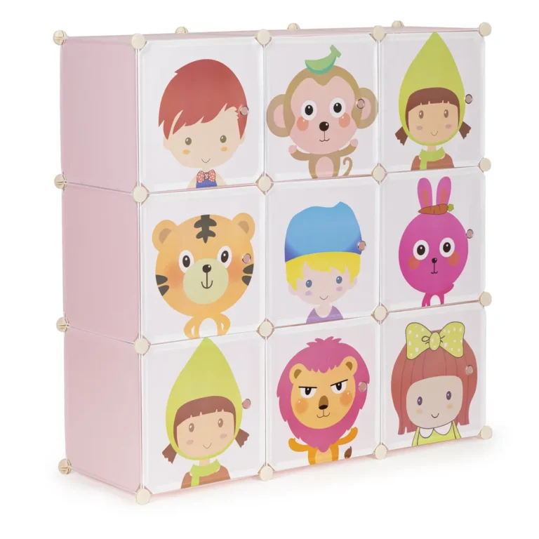 ModernHome 9 ajtós moduláris gyerekmintás polcos szekrény 9 rekesszel, 110 x 110 x 37 cm, rózsaszín alapon mintás