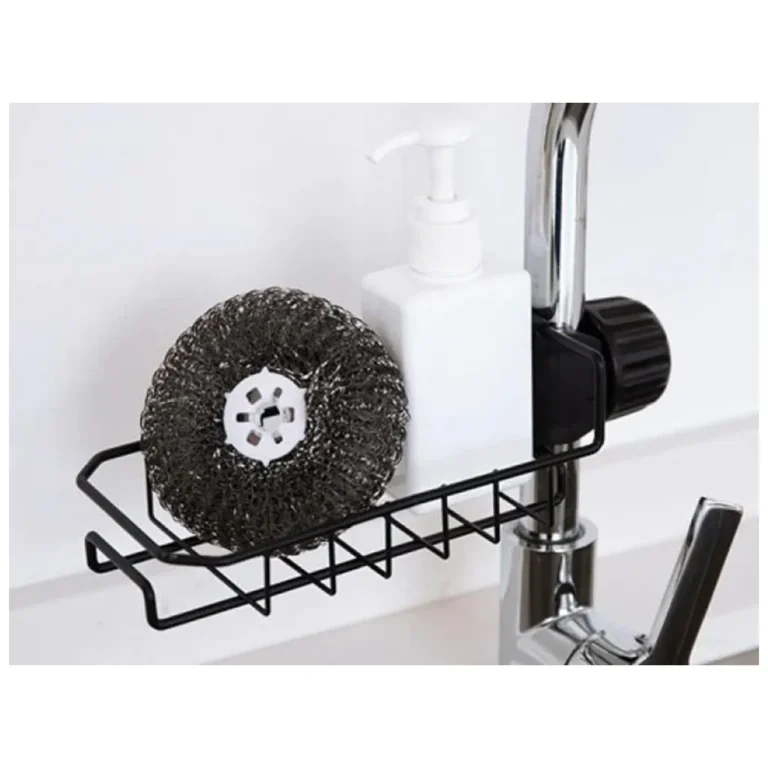 Csaptelepre rögzíthető mosogatószivacs tartó kosár acélból, 17x10x4 cm, fekete-szürke
