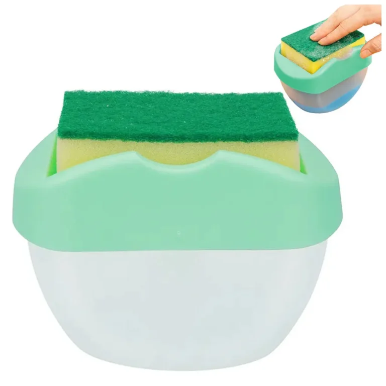 Szivacstartó mosogatószer-adagolóval, 400ml tartállyal, 14,5cm x 10cm x 9,5cm, szürke/zöld színben