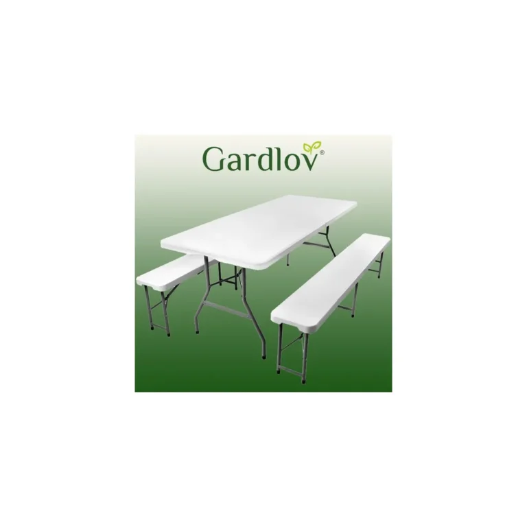 MALATEC Összecsukható kerti asztal székekkel tároló táskában, acél keret, 180×75,5×73 cm, fehér