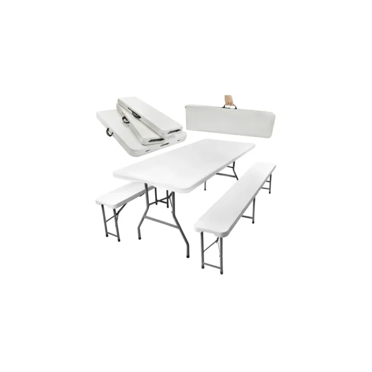 MALATEC Összecsukható kerti asztal székekkel tároló táskában, acél keret, 180×75,5×73 cm, fehér
