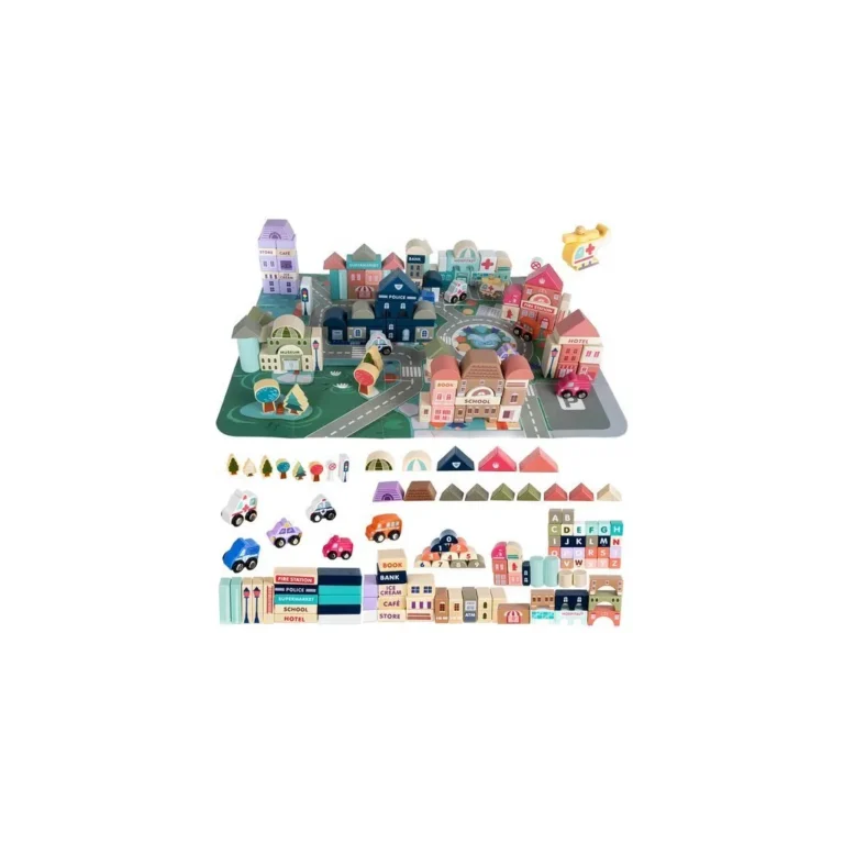 Malatec Városépítő kockajáték 115 db színes fa elemmel, járművek, kiegészítők, 54×42 cm