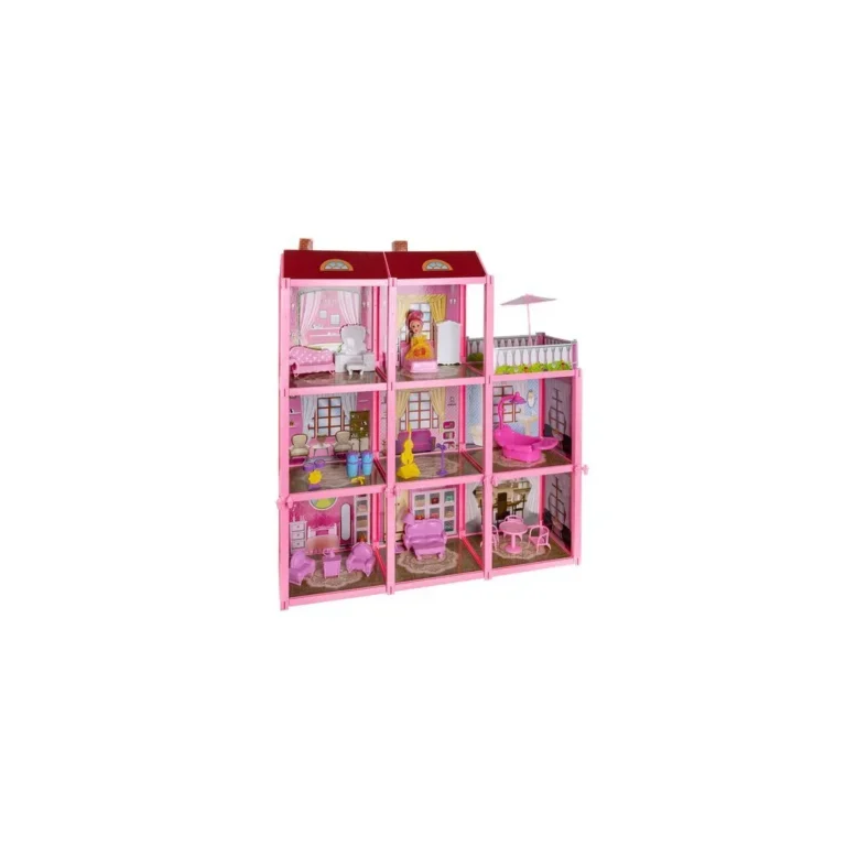 Játék babaház gyerekeknek, 3 emelet, 8 szoba, terasz és 23 tartozék, rózsaszín, műanyag, 17x60x65 cm