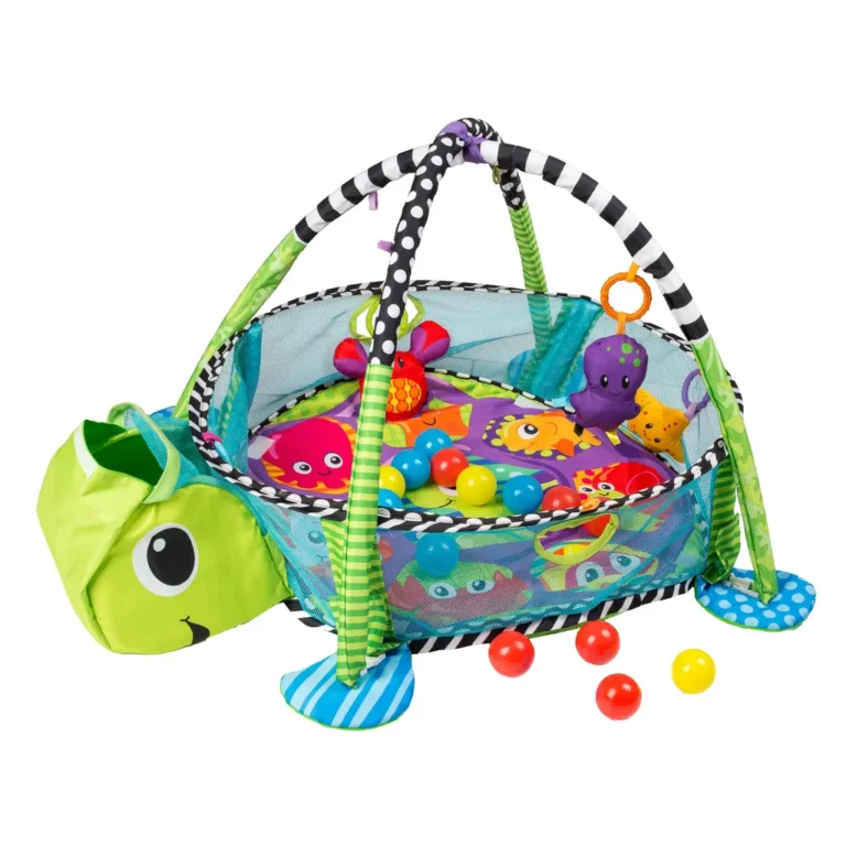 Interaktív babaszőnyeg kerítéssel, játékokkal, csörgőkkel, zöld teknős mintás, 100x68x50 cm