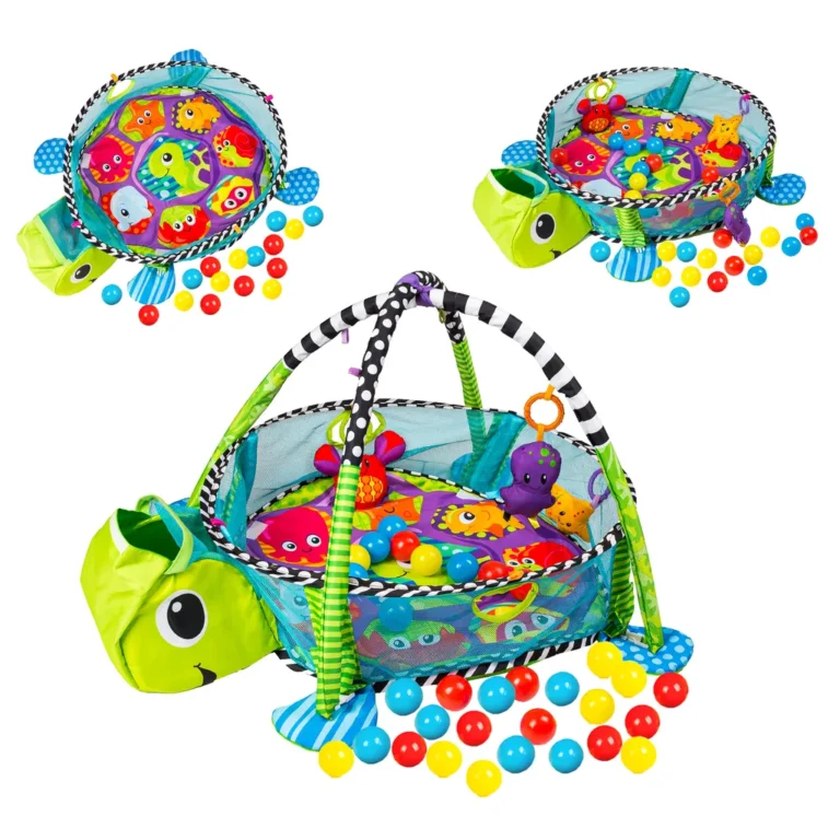 Interaktív babaszőnyeg kerítéssel, játékokkal, csörgőkkel, zöld teknős mintás, 100x68x50 cm