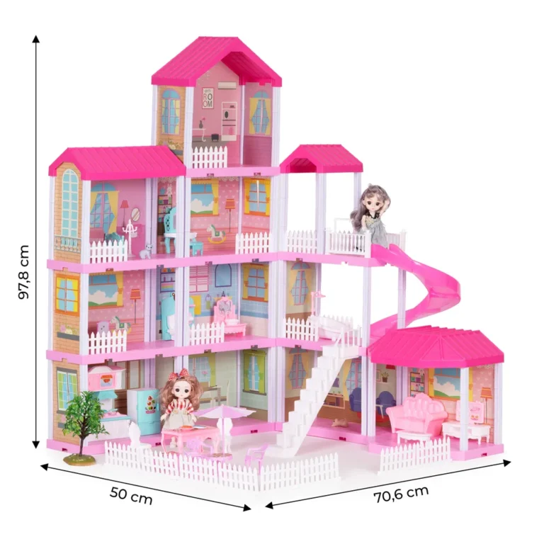 4 szintes babaház kerttel, babákkal, LED-es bababútorokkal, 91x73x85 cm, rózsaszín