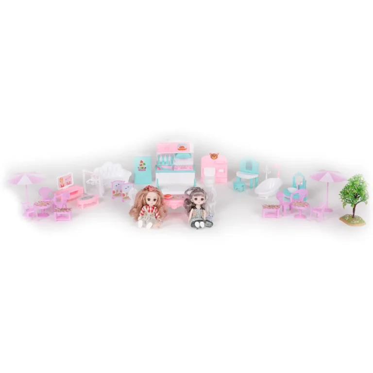 Nagy babaház kerttel bútorokkal, LED lámpákkal, babákkal, 91x85x73 cm, rózsaszín