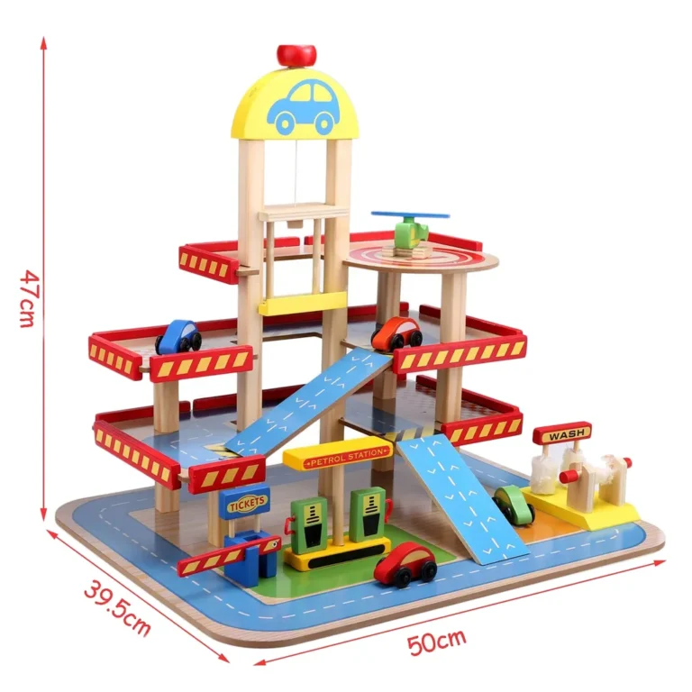 Ecotoys 4 szintes fa garázs lifttel, autókkal, 50x39.5x47 cm, színes