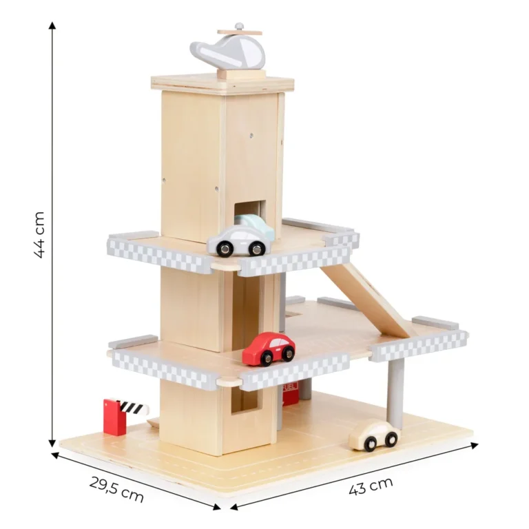 Ecotoys 3 szintes fa parkoló felvonóval, autókkal, helikopterleszállóval, 43x29.5x44.5 cm, színes