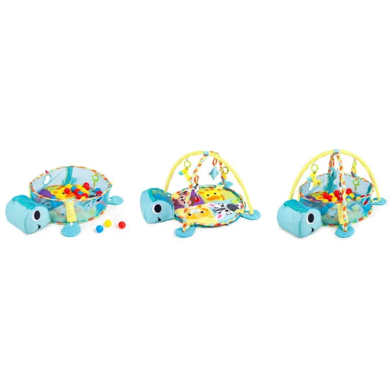 Interaktív babaszőnyeg kerítéssel, játékokkal, csörgőkkel, kék teknős mintás, 100x68x50 cm