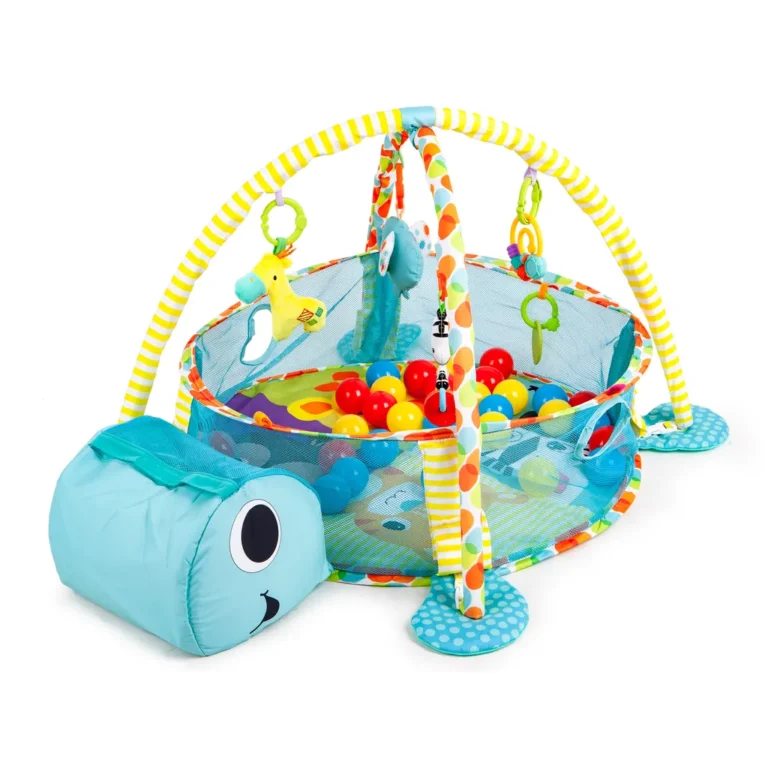 Interaktív babaszőnyeg kerítéssel, játékokkal, csörgőkkel, kék teknős mintás, 100x68x50 cm
