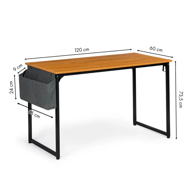 Nagyméretű számítógép- íróasztal oldaló tároló rekesszel, fém lábakkal, 120x60x73.5 cm, fekete-fa szín