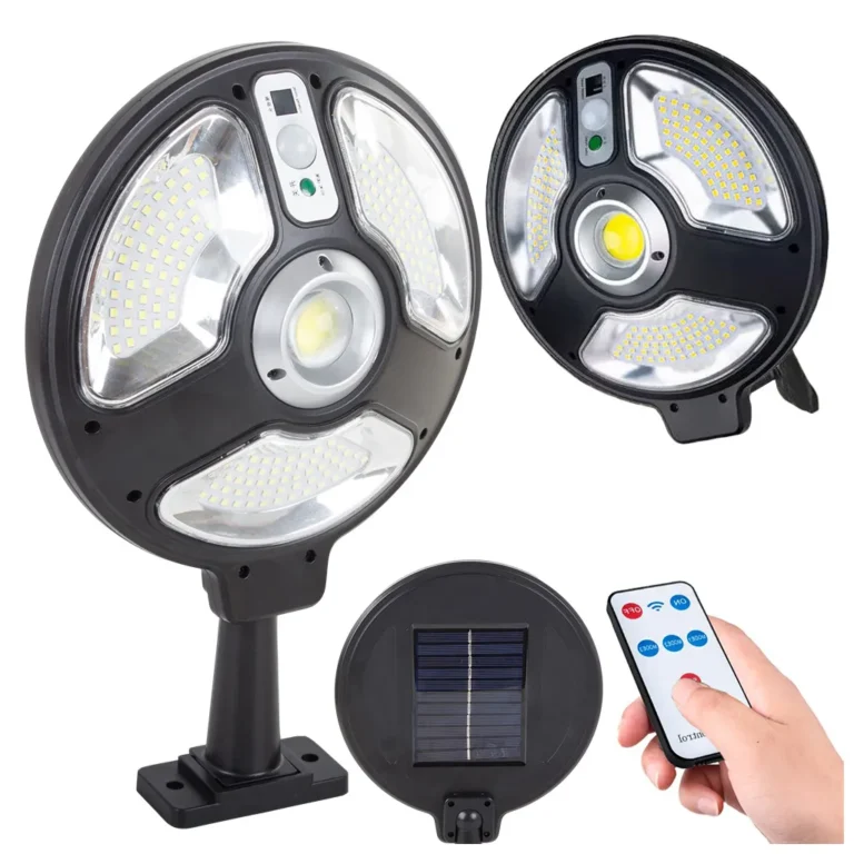 Napelemes lámpa 150 LED ponttal, szürkületi mozgásérzékelővel, 3 világítási móddal, távirányítóval, fekete