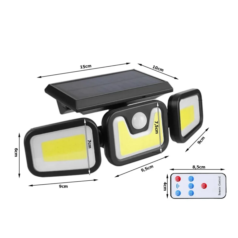 Napelemes kültéri lámpa 3 COB LED lámpával, wifis, távirányítós, 3 mód