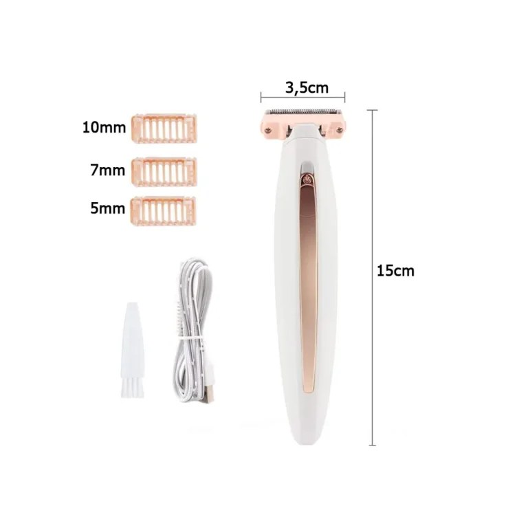 Test epilátor beépített világítással, női borotva 3 cserélhető heggyel, USB, 15cm x 2.5cm x 3.5cm, fehér-rózsaszín-arany